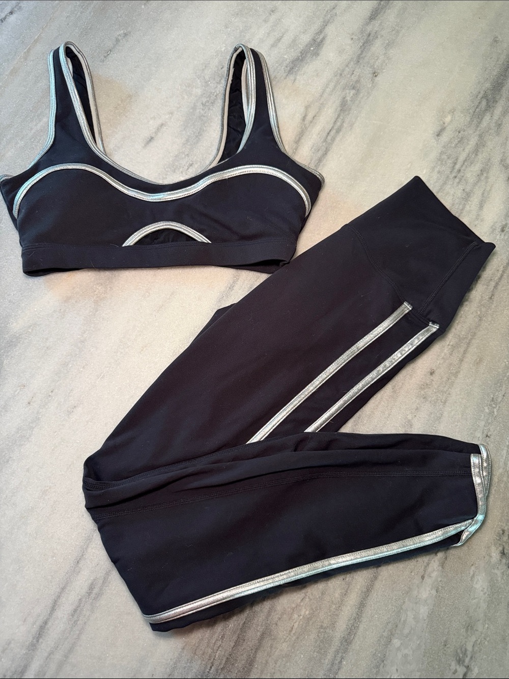 Beach Riot Black Leggings and Sports Bra Set with Silver Trim